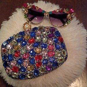 Rhinestone Evening Bag Clutch Crossbody and Glasses